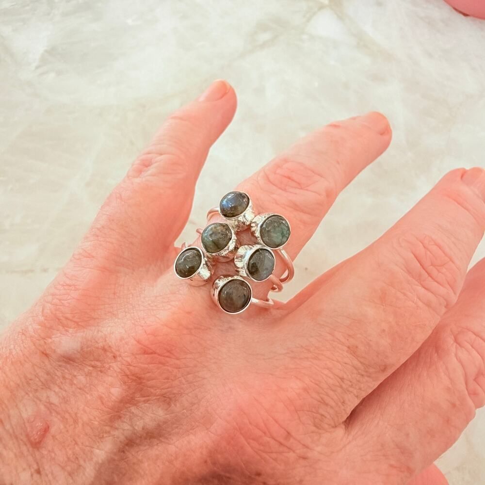 Labradorite Cluster Ring 925 Silver Plated Adjustable, Statement, Boho